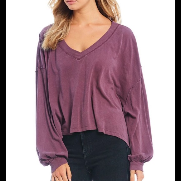 Free People]Cotton Bordeaux Hand dyed Balloon Long sleeve Oversize Crop Top - Picture 2 of 15